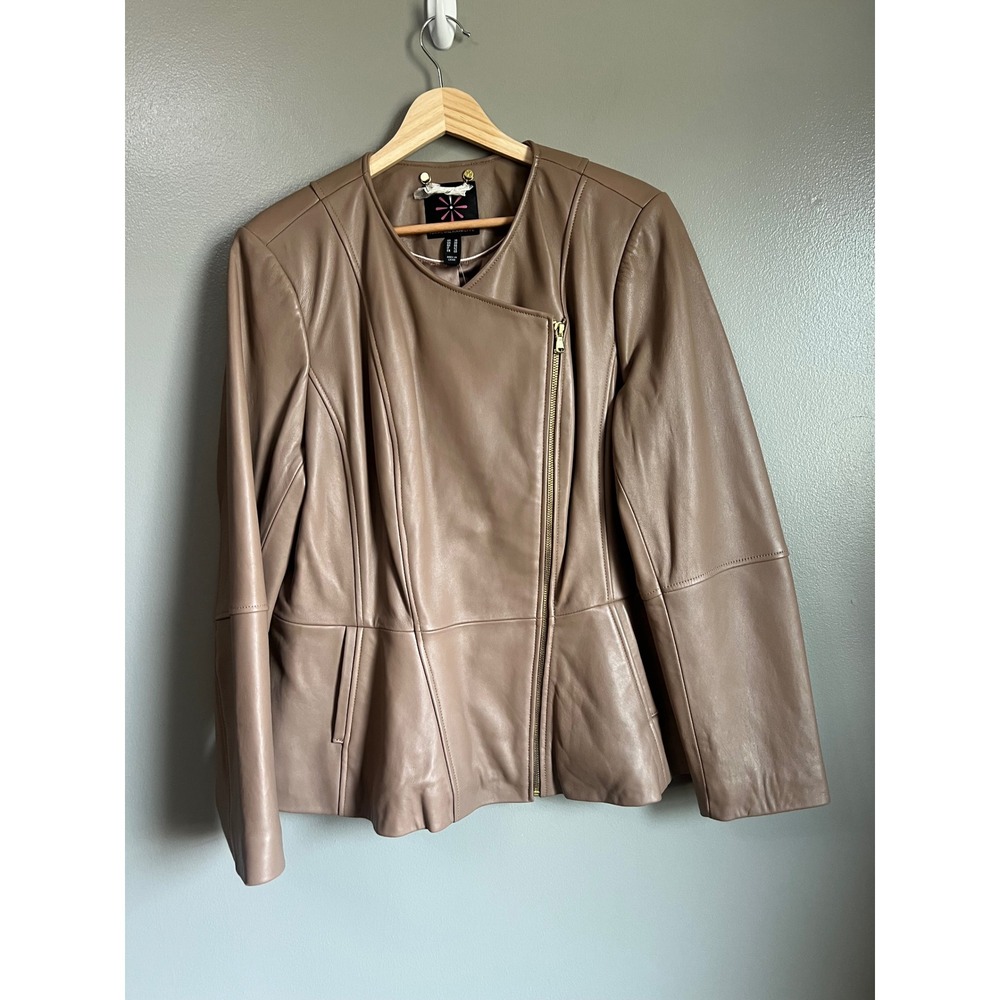 Isaac Mizrahi live brown leather jacket modern edgy size 16 asymmetrical zipper